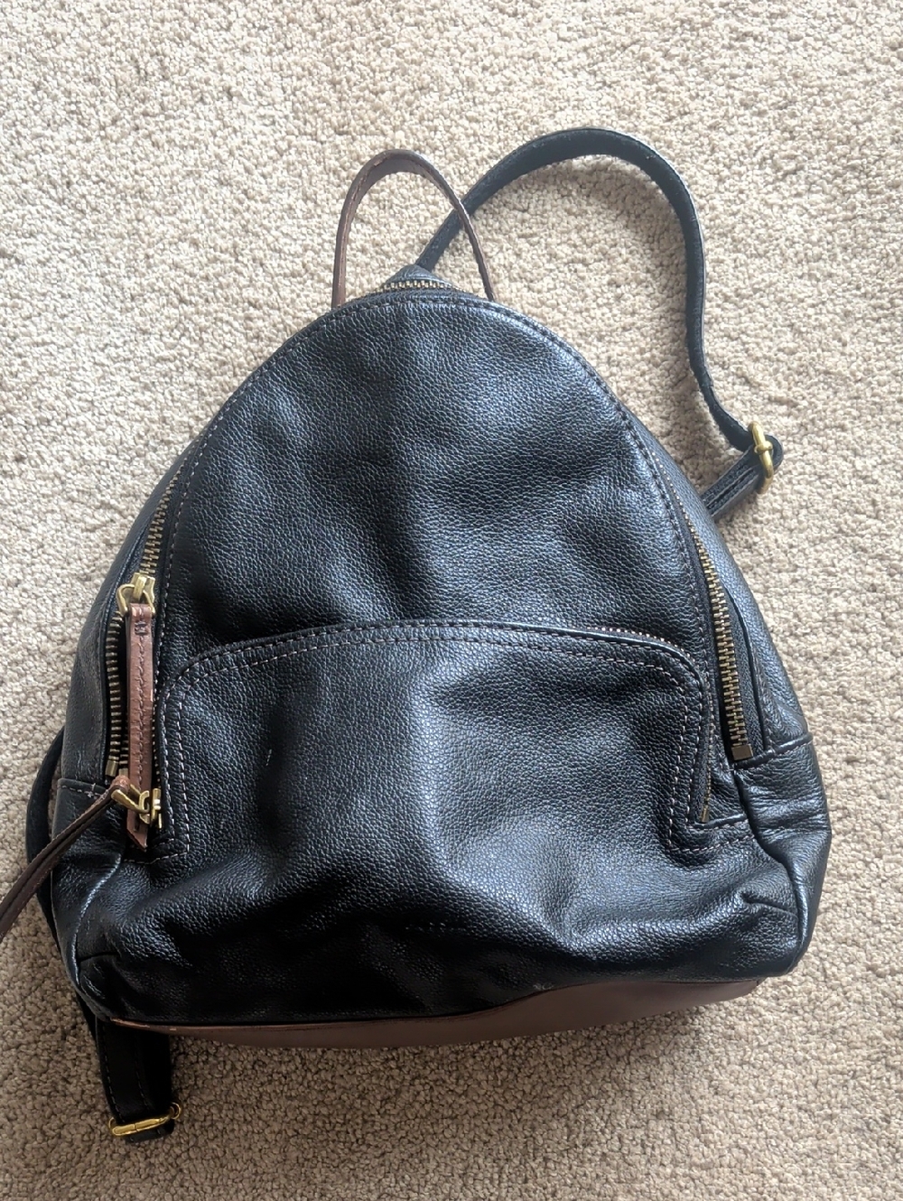 Fossil Black Leather Mini Backpack With Brown Details